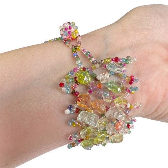 Colorful Glass Chip & Seed Beaded Lattice Stretch Wide Bracelet - Picture 3 of 14